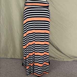Summer stripe fold over long rayon spandex maxi skirt navy orange white M
